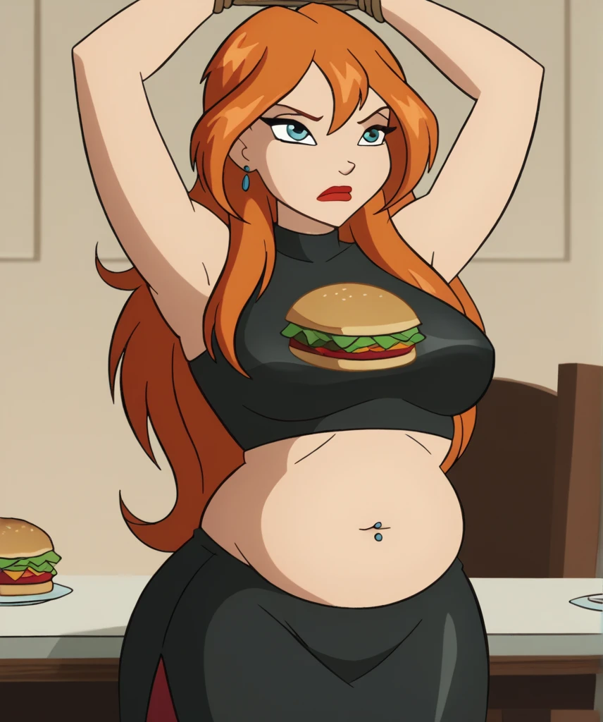 Tall badass bl_oom, Surfeit to eat Fastfood, Detailed Sad Eyes, Arms is up tied up to up with rope, Force_fed by a Man Hands, table full of cram with fast food , Surfeit face, furrowed brow, ginger hair, blue eyes, detailed belly button,  Deep belly button, her mouth holding a hamburger, stuffed mouth, reddened face, tattooed, prominent nose , earrings,wearing fetish ballac, Latex bra and latex tight skirt, Surfeit, detailed eyelids, deep belly button, plump red lips, detailed bulge belly, detailed Fat_Rolls, boring, belly button piercing,gained some weight,fleshy belly rolls, Chubby Body , breast , bulge body,plump body, get chubbier,tight, score_9, score_8_up, score_7_up, Ultra Detailed, HD, Detailed Belly, Detailed Face, completly showing belly, belly_Rolls, Detailed belly rolls, 