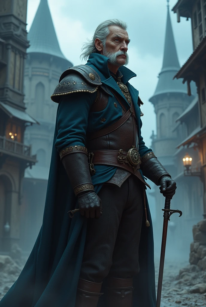 Humain,1,65m, 55kg, homme, 52 ans, maigre, Roublard, Détective, Noble((chef-d&#39;œuvre, Meilleure qualité)), vue du corps entier, peinture numérique extrêmement détaillée, éclairage cinématique, mystical atmosphere, posture élégante, cheveux grisonants, yeux bleu brillants, armure de cuir brun élaborée, paysage fantastique Paysages dramatiques, paysage urbain médiéval fantastique, couleurs maussades, brouillard volumétrique, canne, grandes rouflaquettes et favoris, dague à la ceinture