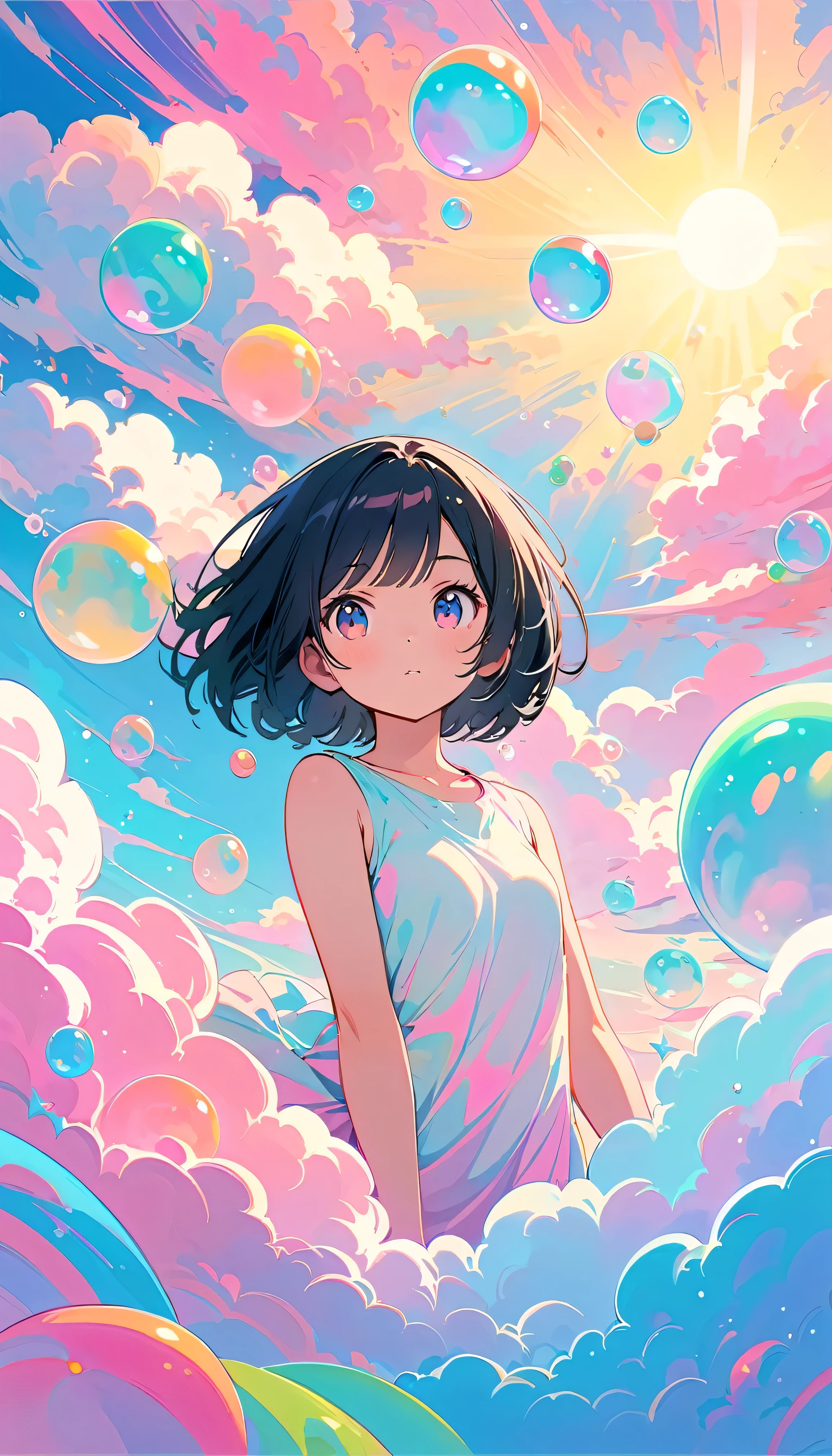 Best Quality, Super Fine, 8k, Unbelievably absurd, Very detailed, 2.5D, Beautiful Goddess, Soap bubbles, Pastel colored clouds, Sunshine, Pop Art, Delicate and dynamic, Pastel Color Fantasy, Black Hair, Bobcut, Very young, Small breasts, Official Art