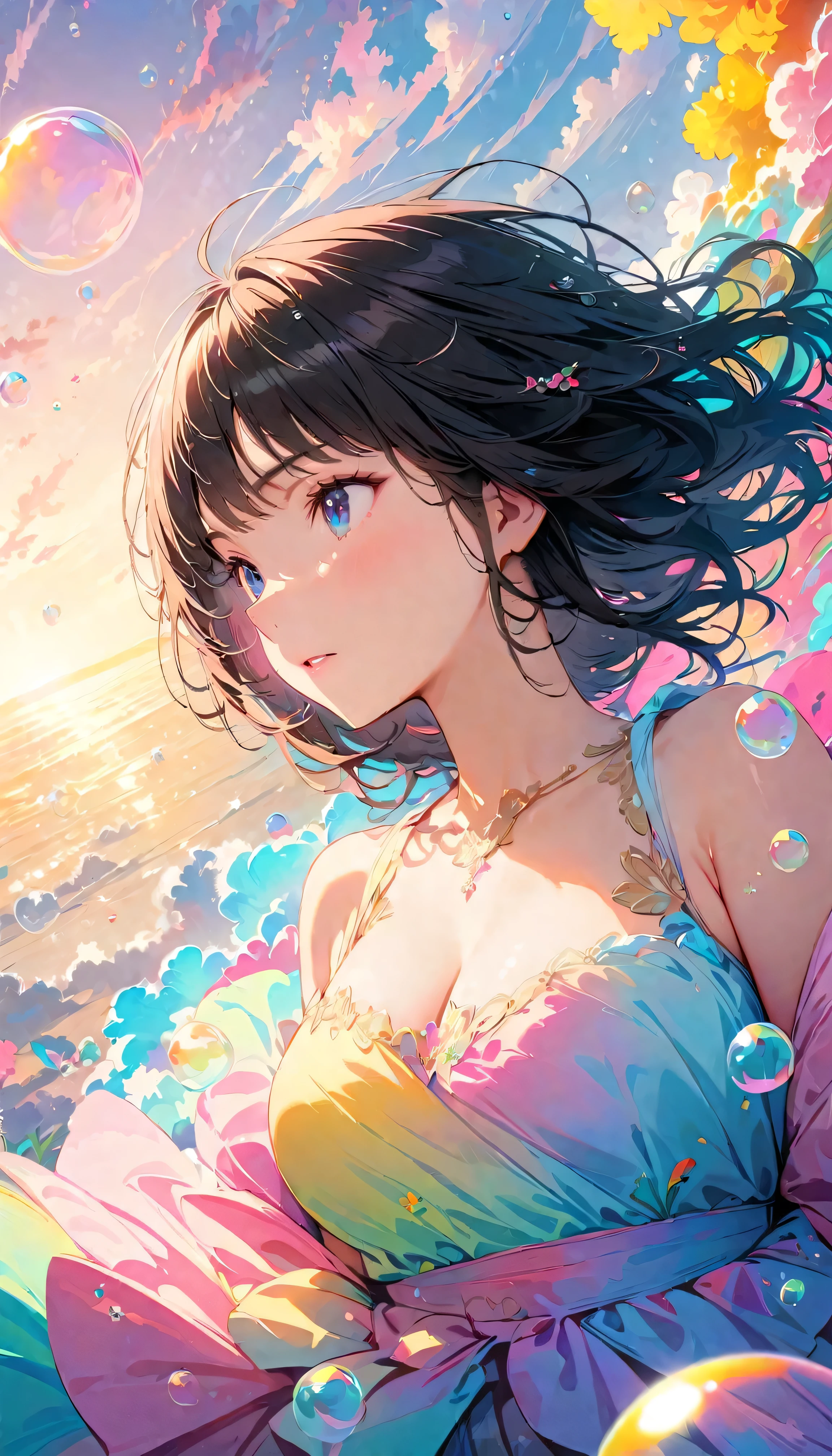 Best Quality, Super Fine, 8k, Unbelievably absurd, Very detailed, 2.5D, Beautiful Goddess, Soap bubbles, Pastel colored clouds, Sunshine, Pop Art, Delicate and dynamic, Pastel Color Fantasy, Black Hair, Official Art