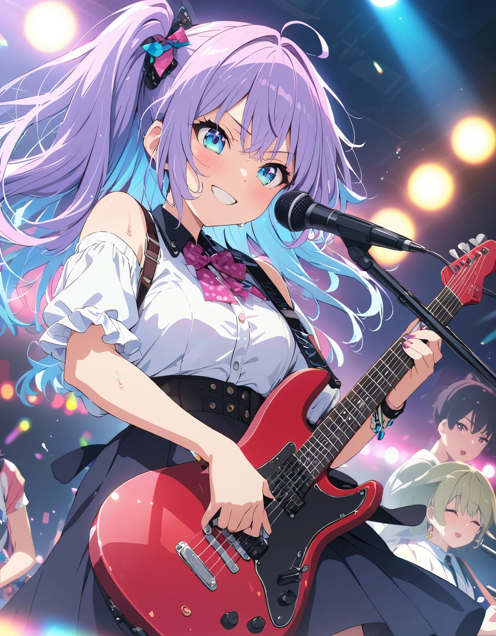 (masterpiece: 1.2), (Very detailed: 1.2), (Very detailed CG: 1.2), (high quality: 1.2), (最high quality), 8k, Anime illustration,far and near method, Background blur、Front blur, Live band、Stylish outfit、Colorful lighting、Cute girl vocals、Sweat splashes、Hold the microphone with both hands,Smiling and singing expression、profile、keyboard、drum、guitar