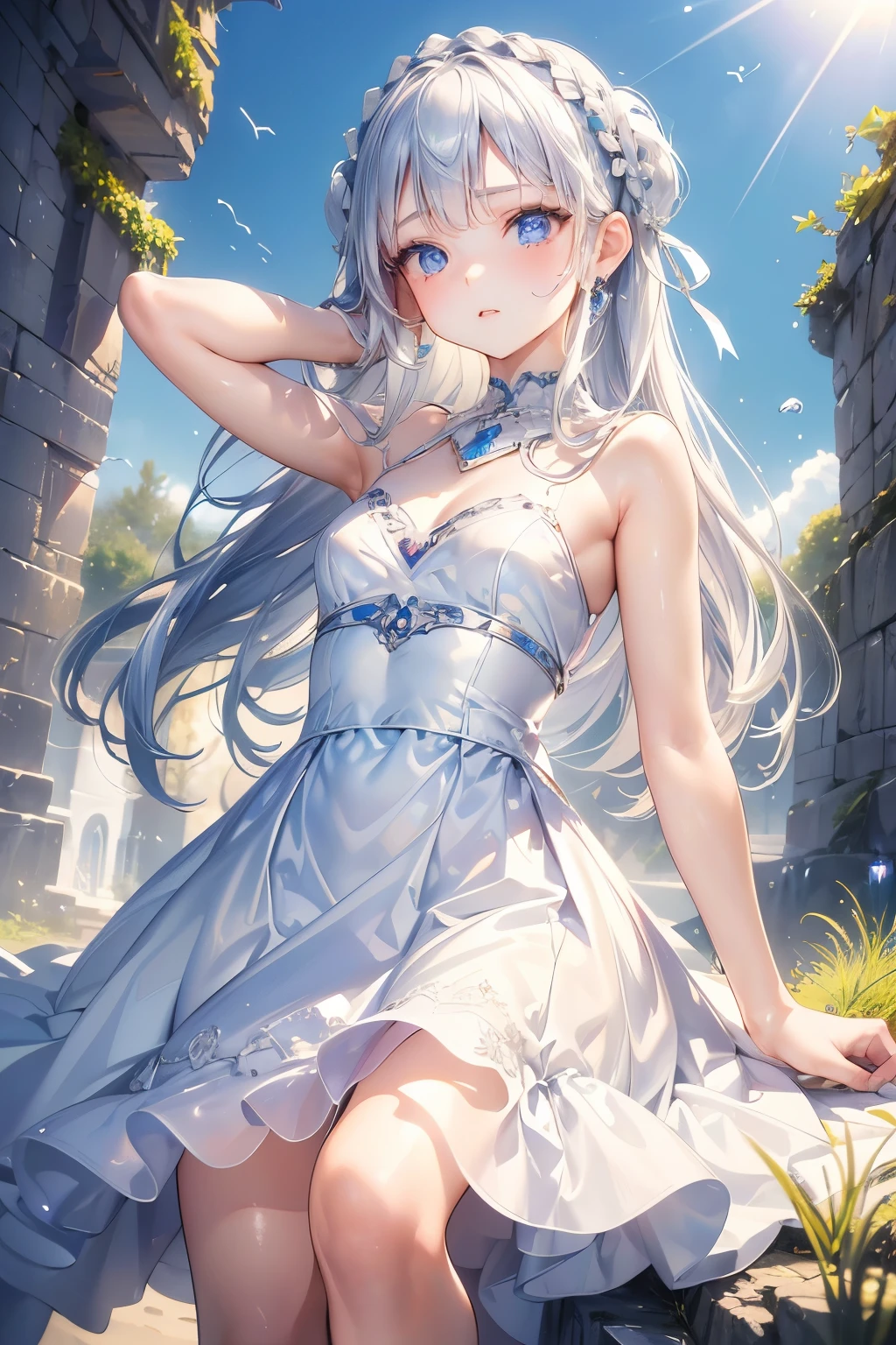 masterpiece,Best Quality,Very detailed,beautiful girl, ager,High Fantasy,fantasy white dress,Jewelry Accessories,Outdoor,squirt,Small breasts,Narrow waist,Straight silver hair,Braids,Perfect Blue Eyes,Very cute,Active pose