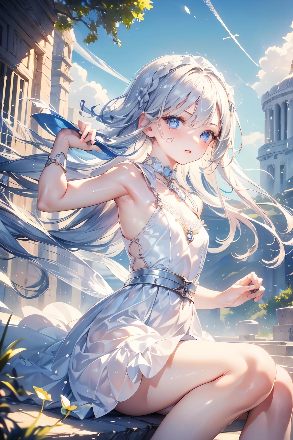 masterpiece,Best Quality,Very detailed,beautiful girl, ager,High Fantasy,fantasy white dress,Jewelry Accessories,Outdoor,squirt,Small breasts,Narrow waist,Straight silver hair,Braids,Perfect Blue Eyes,Very cute,Active pose