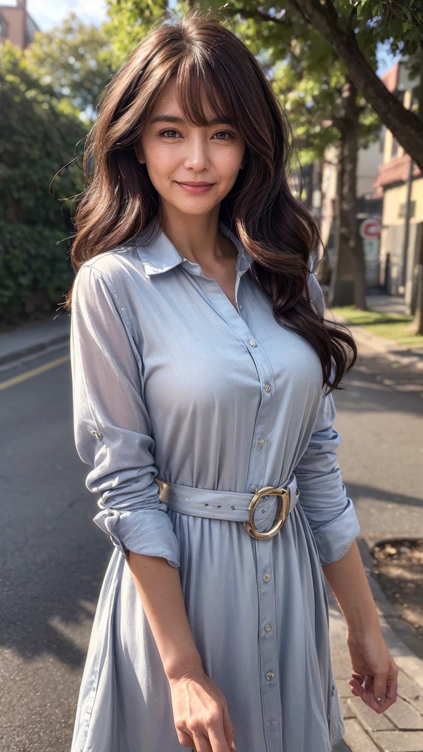 ((Best Quality)), ((8k)), ((masterpiece: 1.3)), (Perfect appearance), (Photorealism: 1.6), (Genuine:1.4), (Mature Woman Portrait), Perfect Anatomy, (6), Short bangs, Wavy Long Hair, Gentle smile, (Button front belted shirt dress), (Close-up of face), (Tree-lined sidewalk),