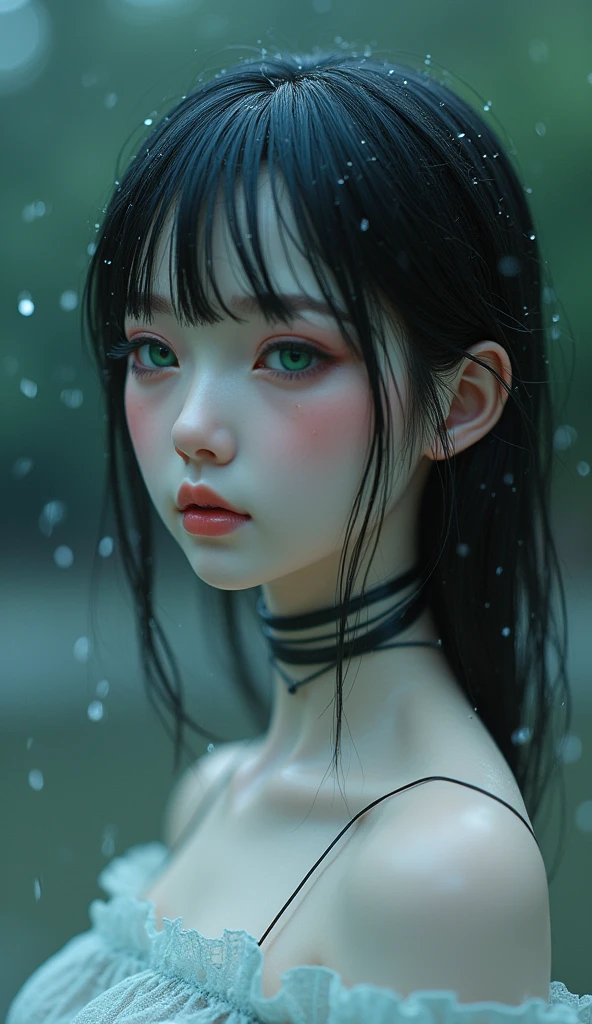 A (((Siren))) with incredibly intricate, hyperrealistic details that convey a ethereal, haunting aesthetic, captured in a (((close-up portrait))), drawn in the style of renowned artists like Luis Royo and Julie Bell, surrounded by an atmosphere that evokes the misty forests of Silent Hill, with striking jewel tones and gothic motifs that give the scene a sense of otherworldly beauty
