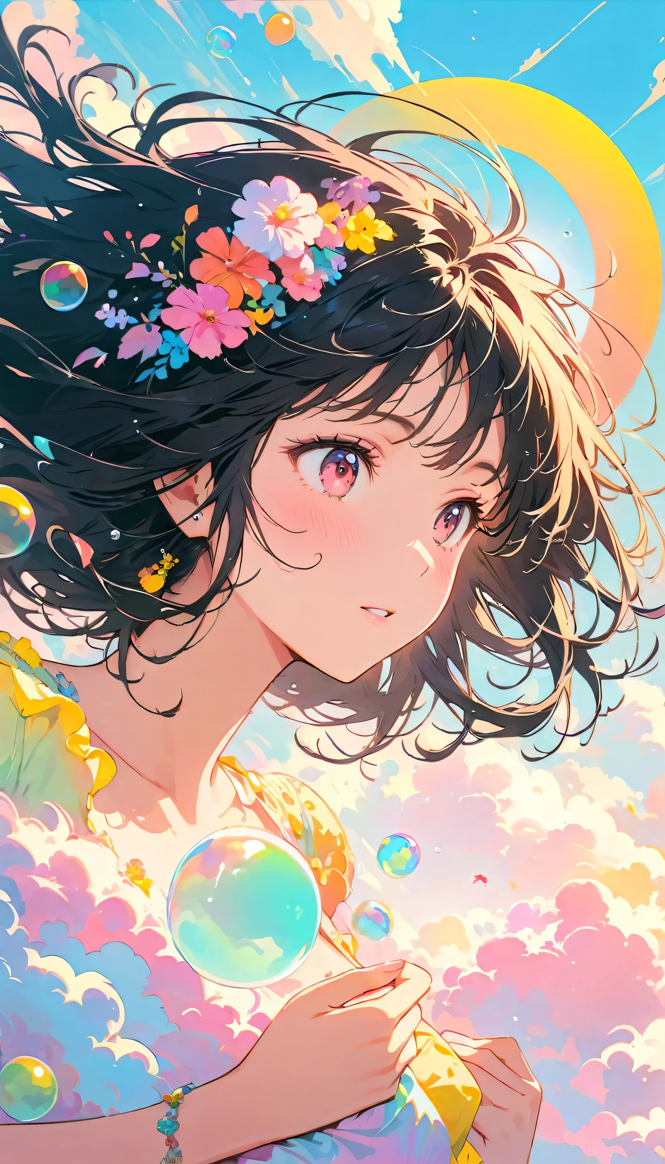Best Quality, Super Fine, 8k, Unbelievably absurd, Very detailed, 2.5D, Beautiful Goddess, Soap bubbles, Pastel colored clouds, Sunshine, Pop Art, Delicate and dynamic, Pastel color fantasy, Black Hair, Official Art