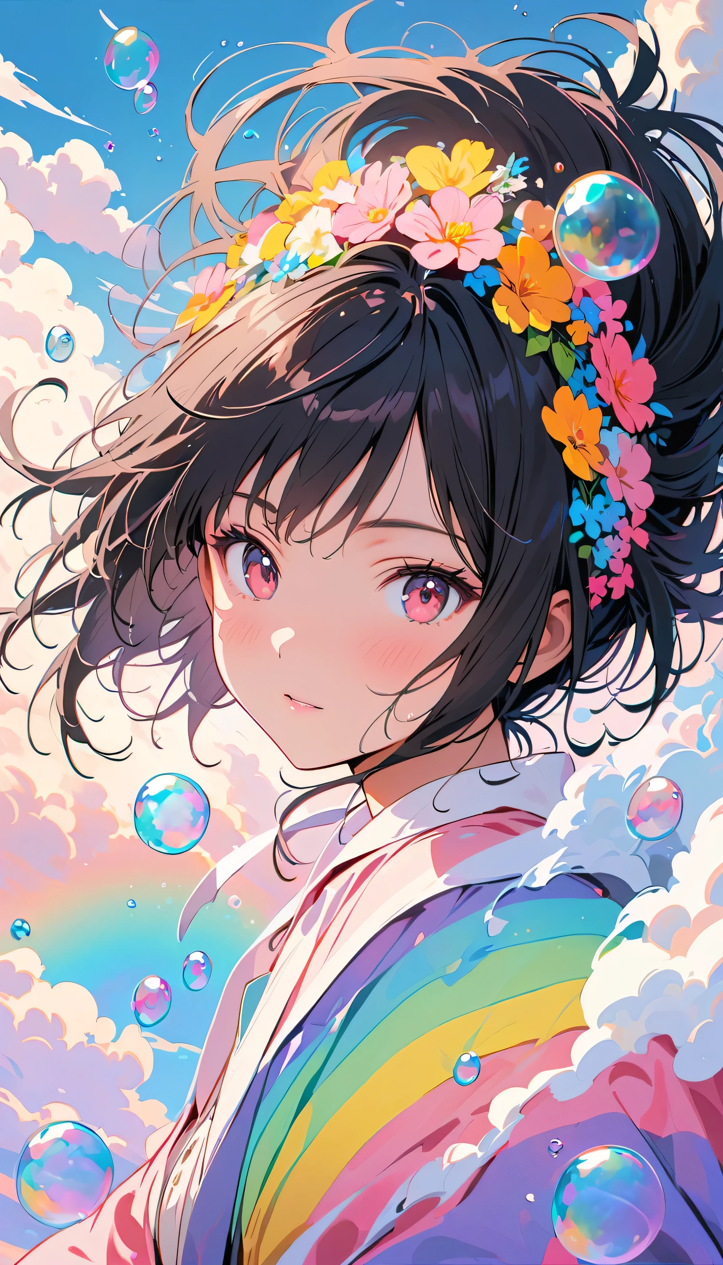 Best Quality, Super Fine, 8k, Incredibly strange, Very detailed, 2.5D, Beautiful Goddess, Soap bubbles, Pastel colored clouds, Sunshine, Pop Art, Delicate and dynamic, Pastel Color Fantasy, Black Hair, Official Art