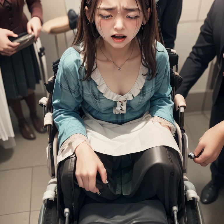 1girl,3boy,((((realistic very cute japanese anorexic girls is on wheelchair:1.5))))),((((male fierce molesters are surrounding girl:1.8)))),4K, 8K, (Masterpiece, best quality:1.2),Very realistic eyes, perfect face,24years old,(((thin girl:1.5))),(((skinny girl:1.5))),(((slim girl:1.5))),((small girl)),((childish girl)),shinny white skin,Narrow waist,((wearing white ruffle blouse,green and black plaid skirt,brown leather lace up boots)),dark brown semi long hair,((close eyes:1.3)),((embarrassed expression:1.3)),(((open mouth1.4))),((looking up:1.2)),((crying:1.4)),((Tears overflowing:1.4)),((furrowed brow:1.2)),in dark Neurosurgery operating room,(((bird's eye view))),