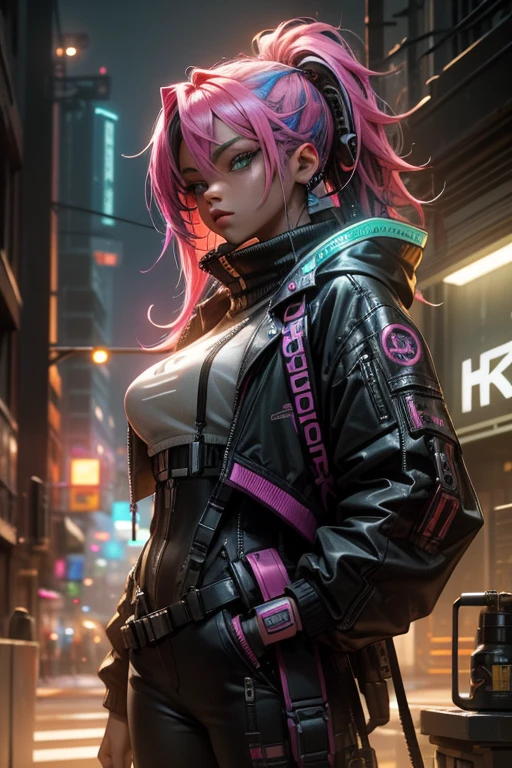 Mulher de brunette skin, flat hair, brunette skin, wears a black jumpsuit with pink, wears a dark pink cape, cyberpunkstyle, pink hair, 1 , gazing at viewer, simple background.