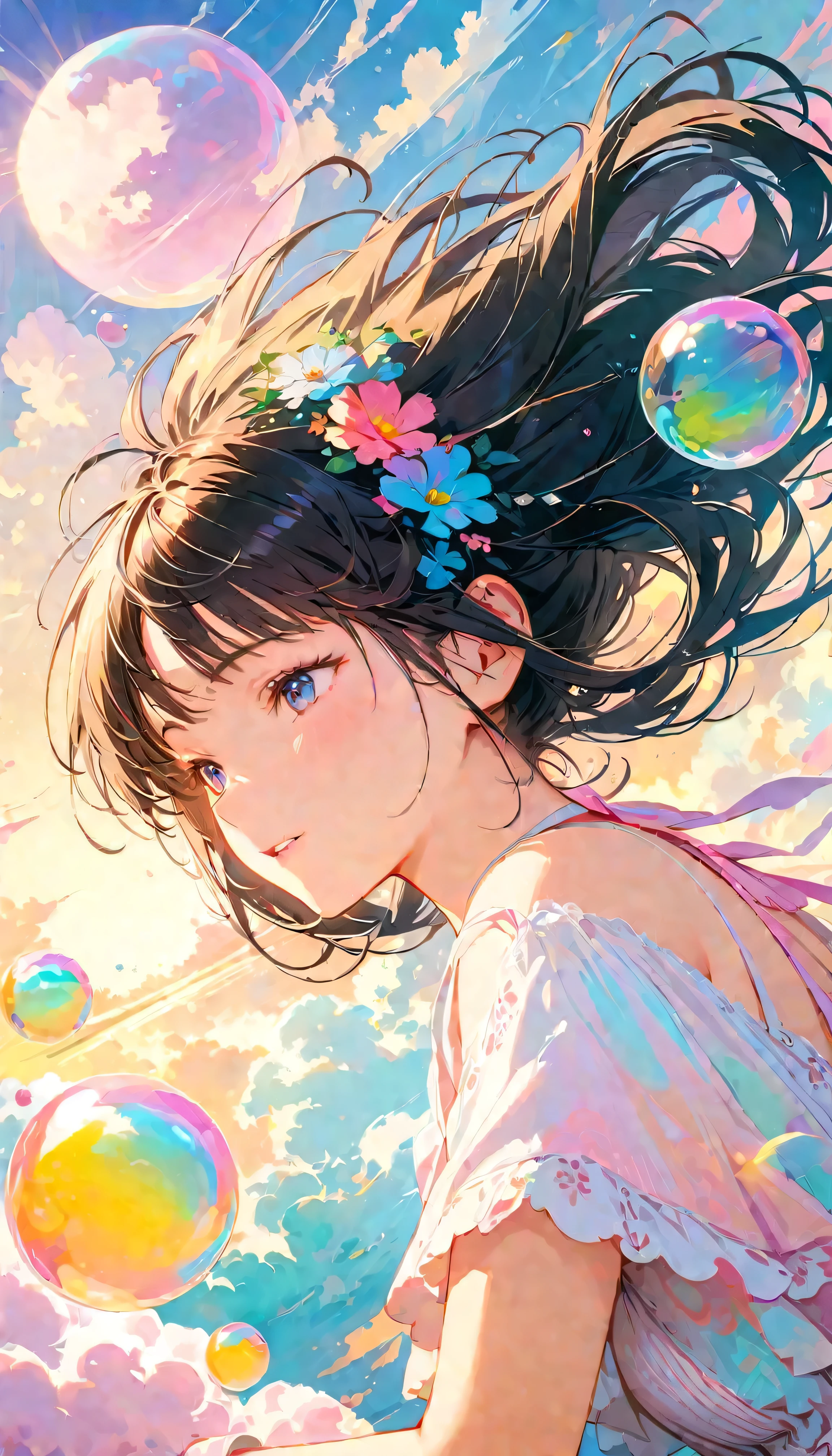 Best Quality, Super Fine, 8k, Unbelievably absurd, Very detailed, 2.5D, Beautiful Goddess, Soap bubbles, Pastel colored clouds, Sunshine, Pop Art, Delicate and dynamic, Pastel color fantasy, Black Hair, Official Art
