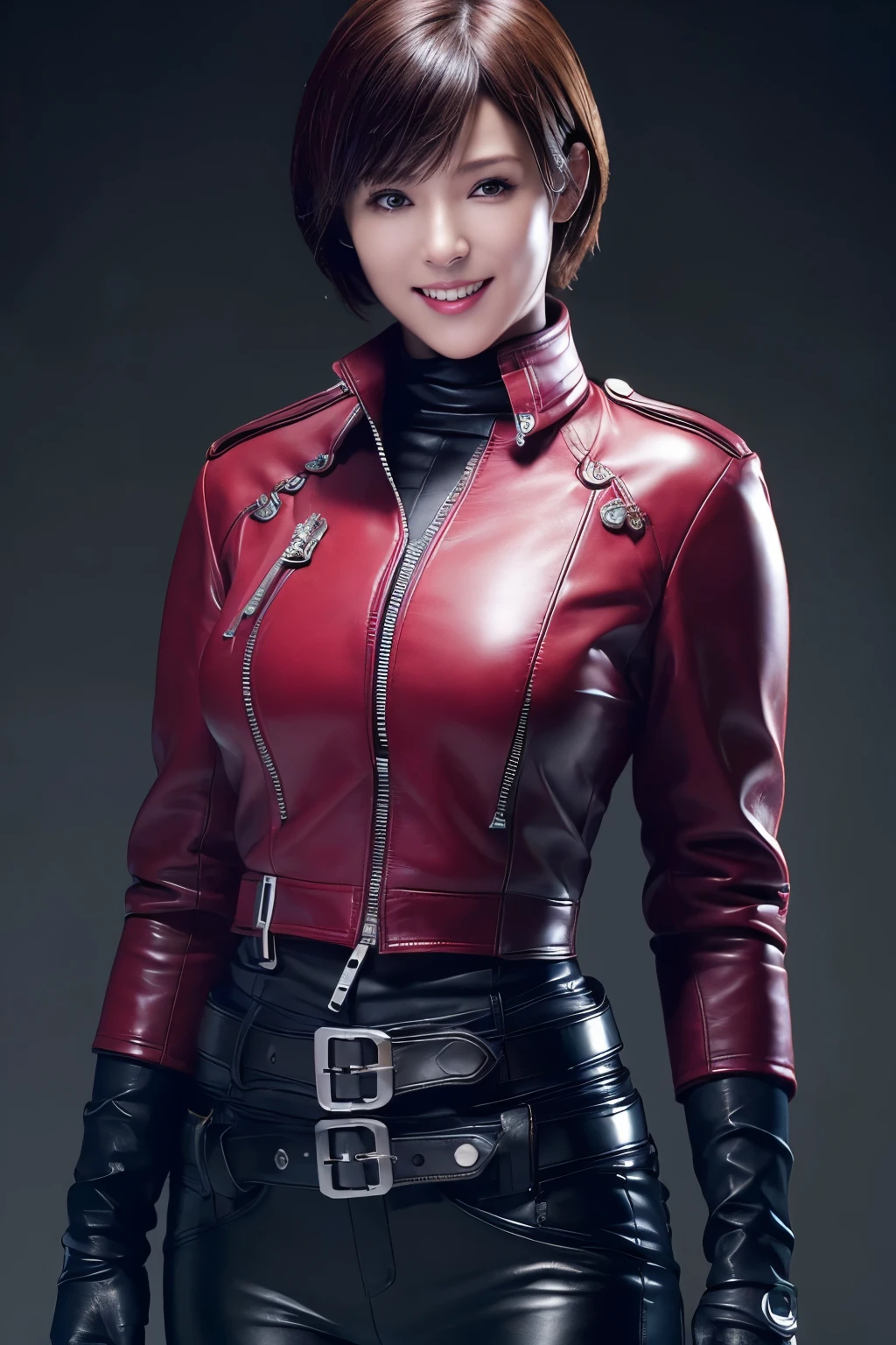 (Realism:1.4),Resident Evil 6,Ada,Short Hair,No background,look at me,A body that makes you want to touch it,foxy make up,Pink Lips,smile,she is Wearing ((long sleeve rider jacket(red leather)) and ((one waist belt)(Black leather)(metal buckle)) and ((Skinny long pants(Black leather))) and ((((gloves)))(black leather)),intelligent and beautiful star model,(chin is thin),Costume made of thick leather fabric, (G cup breasts)(slender body shape) ,young face, smile,young,Looking at viewer, High Resolution, 