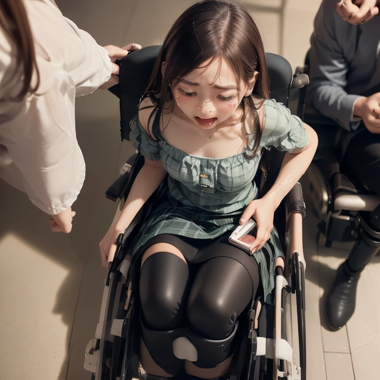 1girl,3boy,((((realistic very cute japanese anorexic girls is on wheelchair:1.5))))),((((girl is Operating smartphone:1.5)))),((((male fierce molesters are surrounding girl:1.8)))),4K, 8K, (Masterpiece, best quality:1.2),Very realistic eyes, perfect face,24years old,(((thin girl:1.5))),(((skinny girl:1.5))),(((slim girl:1.5))),((small girl)),((childish girl)),shinny white skin,Narrow waist,((wearing white ruffle blouse,green and black plaid skirt,brown leather lace up boots)),dark brown semi long hair,((close eyes:1.3)),((embarrassed expression:1.3)),(((open mouth1.4))),((looking up:1.2)),((crying:1.4)),((Tears overflowing:1.4)),((furrowed brow:1.2)),in dark Neurosurgery operating room,(((bird's eye view))),