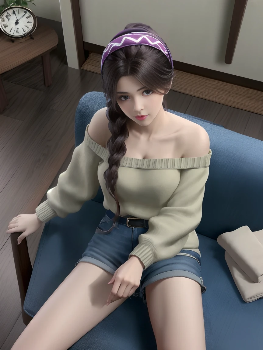 ((HRD, HUD, 8K)),((masterpiece, best quality)), highly detailed,  1girl, solo, hairband, head scarf, (off-shoulder sweater:1.2),necktie, denim shorts,(from above:1.2),indoors,on couch, sofra, sitting, looking at viewer,cowboy shot,furniture,