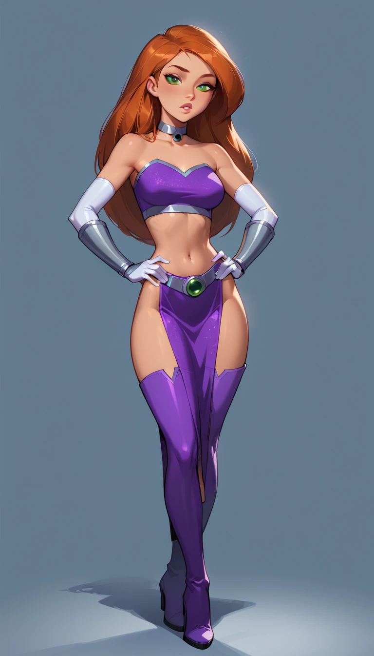 score_9, score_8_up, score_7_up, 1girl, (Kim Possible, wearing Starfire costume, purple crop top, purple miniskirt, purple thigh boots, gorget, vambraces, purple dress, white elbow gloves, choker:1.3) flirt, gaze, sexy look, half-closed eyes, head tilt, filled lips, thick lips, makeup, hands on hips, sexy pose, (full body in view) expressiveh d4rk01l, perfect hands, perfect proportions, simple background.