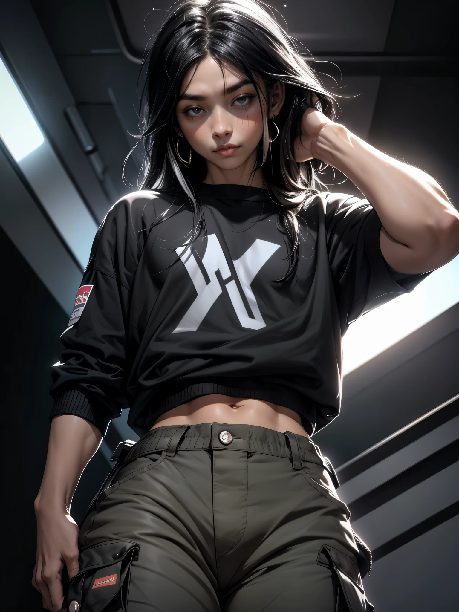 a delicate 20-year-old boy, tanned skin, Long hair with black bangs and white highlights , piercings, thick thighs, wearing a crepe sweatshirt, cargo pants, looking at the camera, solo, high resolution, masterpiece, precise, best quality, extremely detailed, high-quality, super detailed, ultra HD, textured skinSolo, Cabelo comprido, Riso, Franja, Cabelo preto, Cabelo muito longo, Olhos amarelos, Brincos,