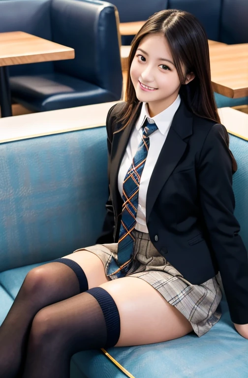 (8k), (Best Quality: 1.2), (Realistic), (Realistic: 1.37), Ultra-high resolution, 1 girl, cute, smile, Mouth closed, Beautiful details, Beautiful Nose黒い目，Beautiful black hair,,Giant Dulcefo, pork, Thighs，Self Snap,College Student Uniform,Sitting on a couch in a fast food restaurant,A simple blazer,Grey pleated skirt,(The tie has a tartan check pattern....:1.3), (Face close-up),(光沢のあるThighs),(From above),(Opaque blue knee-high socks:1.2)
