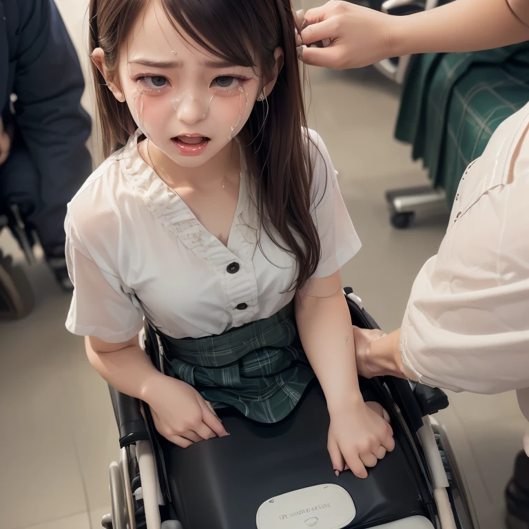 1girl,3boy,((((realistic very cute japanese anorexic girls is on wheelchair:1.5))))),((((girl is competing with man for smartphone:1.5)))),((((male fierce molesters are surrounding girl:1.8)))),4K, 8K, (Masterpiece, best quality:1.2),Very realistic eyes, perfect face,24years old,(((thin girl:1.5))),(((skinny girl:1.5))),(((slim girl:1.5))),((small girl)),((childish girl)),shinny white skin,Narrow waist,((wearing white ruffle blouse,green and black plaid skirt,brown leather lace up boots)),dark brown semi long hair,((close eyes:1.3)),((embarrassed expression:1.3)),(((open mouth1.4))),((looking up:1.2)),((crying:1.4)),((Tears overflowing:1.4)),((furrowed brow:1.2)),in dark Neurosurgery operating room,(((bird's eye view))),