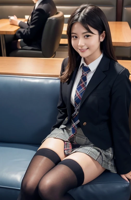 (8k), (Best Quality: 1.2), (Realistic), (Realistic: 1.37), Ultra-high resolution, 1 girl, cute, smile, Mouth closed, Beautiful details, Beautiful Nose黒い目，Beautiful black hair,,Giant Dulcefo, pork, Thighs，Self Snap,College Student Uniform,Sitting on a couch in a fast food restaurant,A simple blazer,Grey pleated skirt,(The tie has a tartan check pattern....:1.3), (Face close-up),(光沢のあるThighs),(From above),(Opaque blue knee-high socks:1.2)
