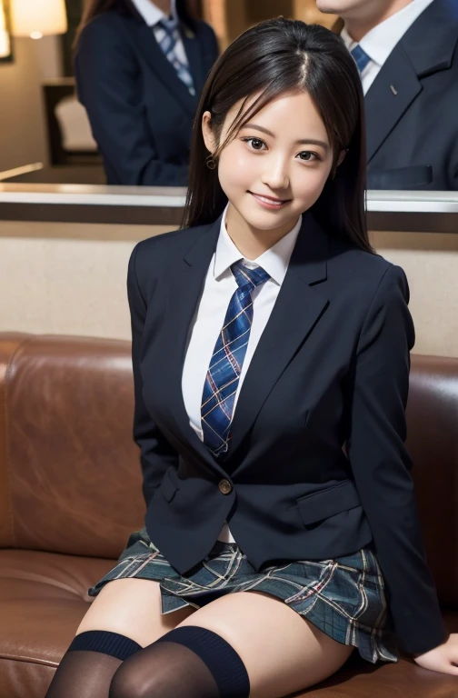 (8k), (Best Quality: 1.2), (Realistic), (Realistic: 1.37), Ultra-high resolution, 1 girl, cute, smile, Mouth closed, Beautiful details, Beautiful Nose黒い目，Beautiful black hair,,Giant Dulcefo, pork, Thighs，Self Snap,College Student Uniform,Sitting on a couch in a fast food restaurant,A simple blazer,Grey pleated skirt,(The tie has a tartan check pattern....:1.3), (Face close-up),(光沢のあるThighs),(From above),(Opaque blue knee-high socks:1.2)
