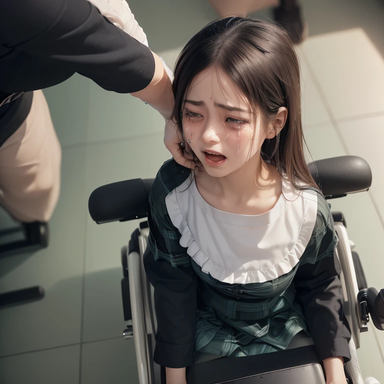 1girl,3boy,((((realistic very cute japanese anorexic girls is on wheelchair:1.5))))),((((girl is pulling each other with man for smartphone:1.5)))),((((male fierce molesters are surrounding girl:1.8)))),4K, 8K, (Masterpiece, best quality:1.2),Very realistic eyes, perfect face,24years old,(((thin girl:1.5))),(((skinny girl:1.5))),(((slim girl:1.5))),(()),((childish ginny white skin,Narrow waist,((wearing white ruffle blouse,green and black plaid skirt,brown leather lace up boots)),dark brown semi long hair,((close eyes:1.3)),((embarrassed expression:1.3)),(((open mouth1.4))),((looking up:1.2)),((crying:1.4)),((Tears overflowing:1.4)),((furrowed brow:1.2)),in dark Neurosurgery operating room,(((bird's eye view))),