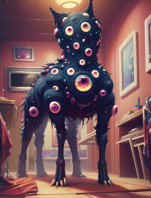 best quality, masterpiece, highres, detailed, digital artwork, AbstractMonster, glitch body, extra eyes, monster, horror \(theme\), no human, kitchen