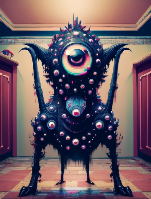 best quality, masterpiece, highres, detailed, digital artwork, AbstractMonster, glitch body, extra eyes, monster, horror \(theme\), no human, kitchen