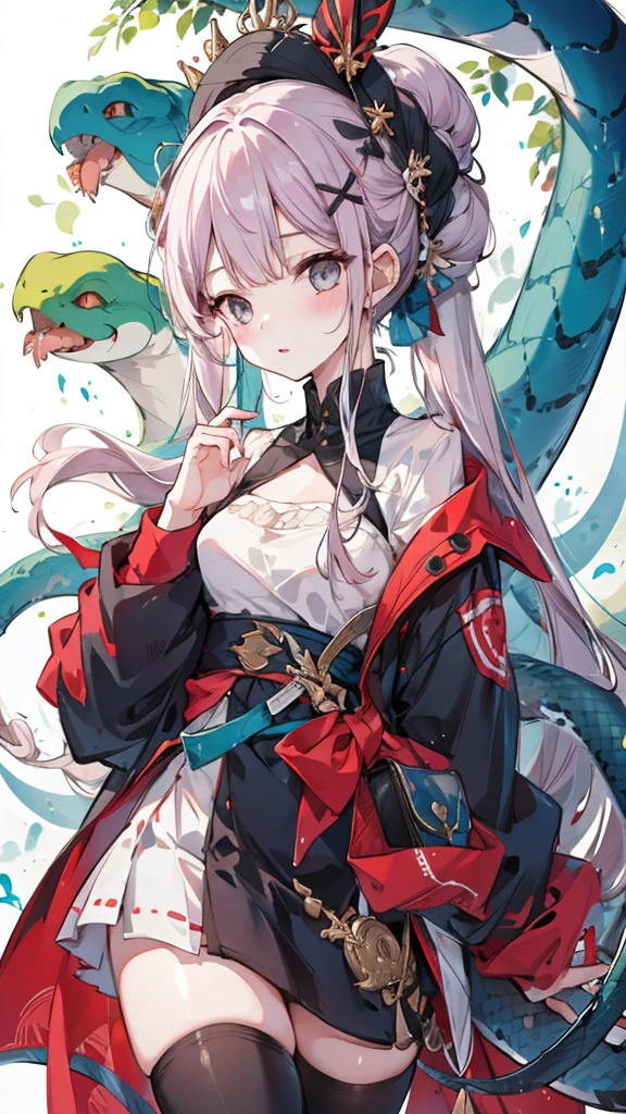 Anime shoujo,mythological beasts,staredown,Blue and white snake