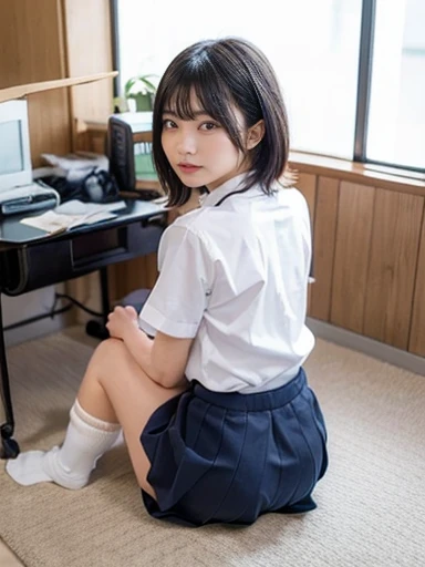 (nsfw),Backwards, look back, back, Butt, Student Uniform,(Sit at a desk),No makeup,High resolution,Professional photos,High resolution,Small breasts,slim, Sit on a desk, Open your legs and show your panties,School classroom, Wearing white panties, a girl in a high Student Uniform, a little panties can be seen from the skirt, One girl, solo, teeth, socks, skirt, Lie, Kotatsu, loose socks, Check pattern, table,Realteethtic,Asian,pretty girl,((Buttの主観)),JK Gal