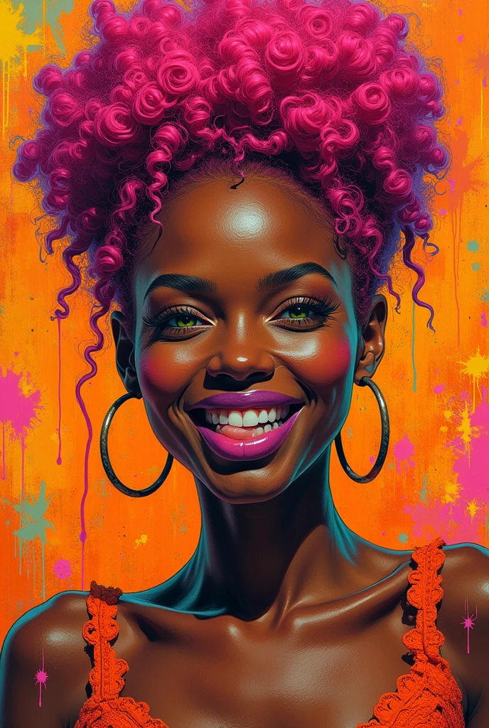 Graffiti, paint spray neon lights green and cyan, seductive and hypnotic portrait of a ((afro-asiatic beautifull woman)) round face, with very darck skincurly pink hair afro style green asiatic eyes, a big smile with her lips blinking purple, wide neckline dress orange lace background with graffiti spray colours. Woman with her eyes drunked and tongue out　underwear　Flushed cheeks In the style of Basquiat ((beautiful japanese woman)) (very round face) soft features, back skyn choccolate