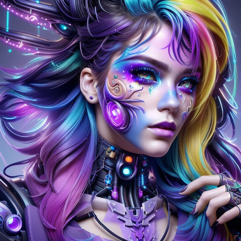 a close up of a woman with a colorful face and hair, glitchpunk girl, inspired by Hedi Xandt, advanced digital cyberpunk art, psychedelic organic cyborg, cyberpunk art style, hyper-realistic cyberpunk style, cyberpunk face, beautiful cyberpunk girl face, cyberpunk style ， hyperrealistic, intricate cyberpunk make - up, futuristic art style, dreamy cyberpunk girl