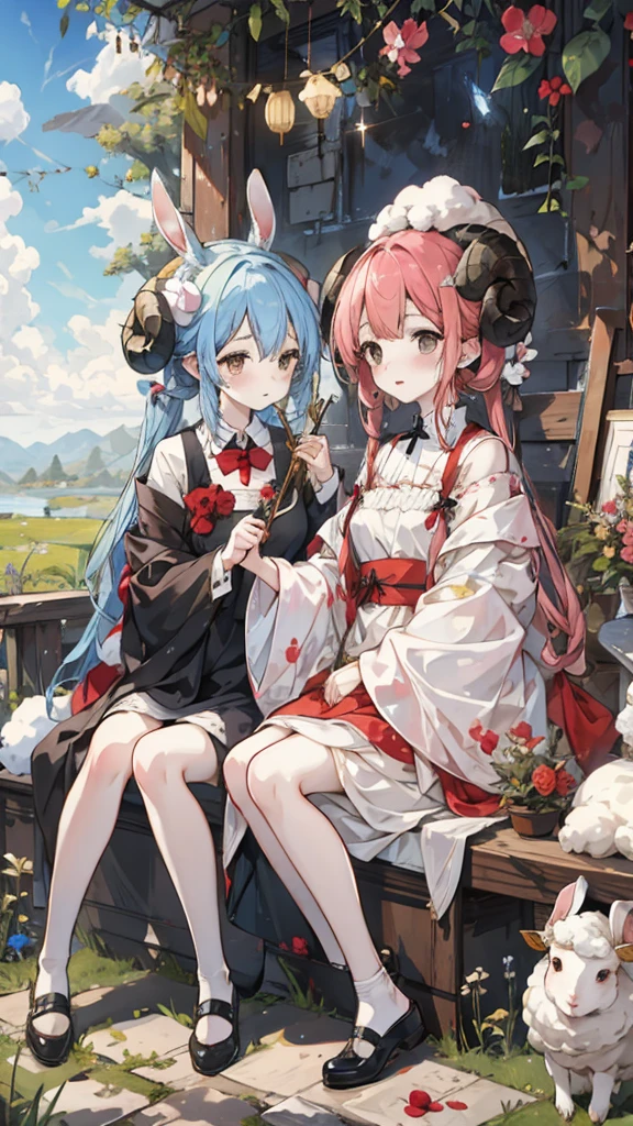 最high quality、high quality、masterpiece、anime、1 girl, shining eyes、orange sleeves, gray hair, white skin, light blue hair ornament, blue suspenders, blue clothes, light blue eyes, barefoot, double blade