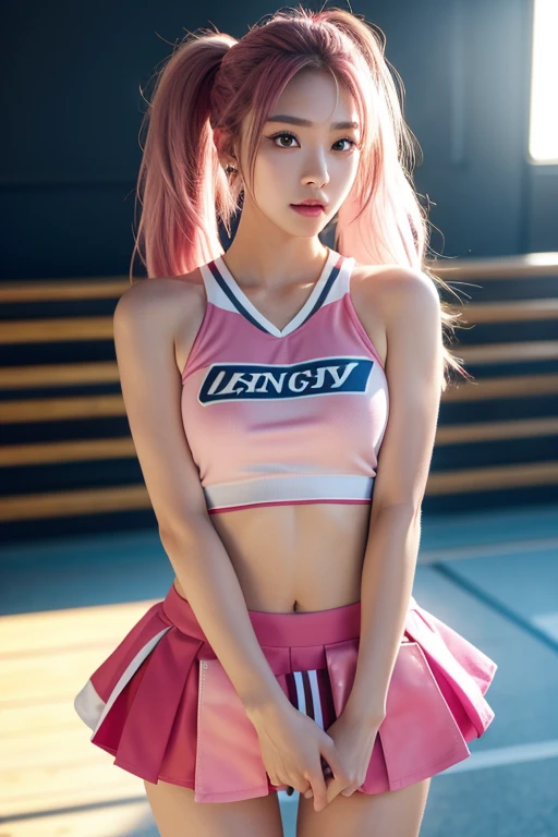 8k, ultrarealistic, ray tracing, unparalleled masterpiece, ultra realistic 8k CG, perfect artwork, ((perfect female figure)), 1girl, narrow waist, seductive posture, sexy pose, alluring, clean, beautiful face, pure face, pale skin, divine goddess, intricate detail, charismatic, charming, alluring, (erotic, seductive, teasing), divine, clean, prestige, supreme, apex, paramount, goddess, delicate pattern, queen, supernatural, phenomenal, fabulous, marvelous, stupendous, terrific, extremely detailed face, super idol face,((an extremely delicate and beautiful)), (ulzzang-6500:0.7), blond hair, solo, performing cheer routine (cheerleader, extremely tight shirt, super short low ride miniskirt, white panties, camel toe), (pink uniform:1.8),(nsfw:1.2)