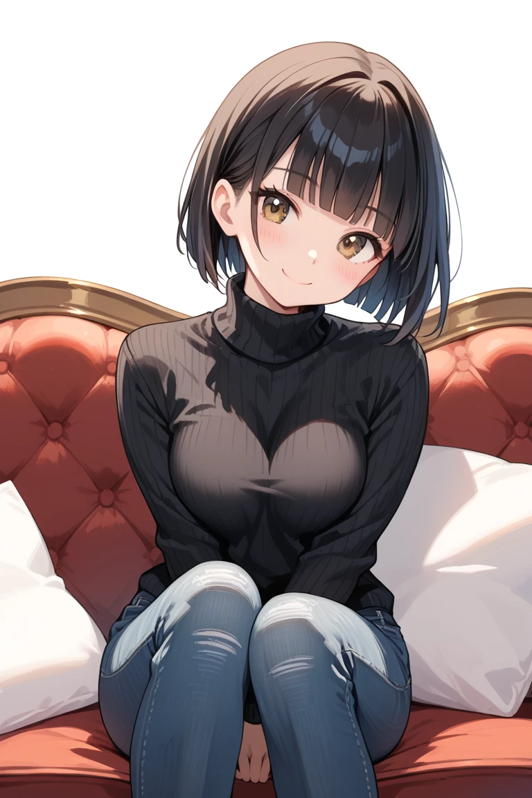 score_9,score_8_up,score_7_up,score_6_up,source anime,masterpiece,best quality,ultra detailed eyes BREAK
1girl,solo,pants,sitting,smile,brown eyes,short hair,looking at viewer,black hair,denim,breasts,jeans,bangs,long sleeves,bob cut,between legs,hand between legs,turtleneck,blunt bangs,white background,closed mouth,sweater,simple background,black sweater,v arms,medium breasts,head tilt,blush,shirt,couch,feet out of frame,black shirt,turtleneck sweater,