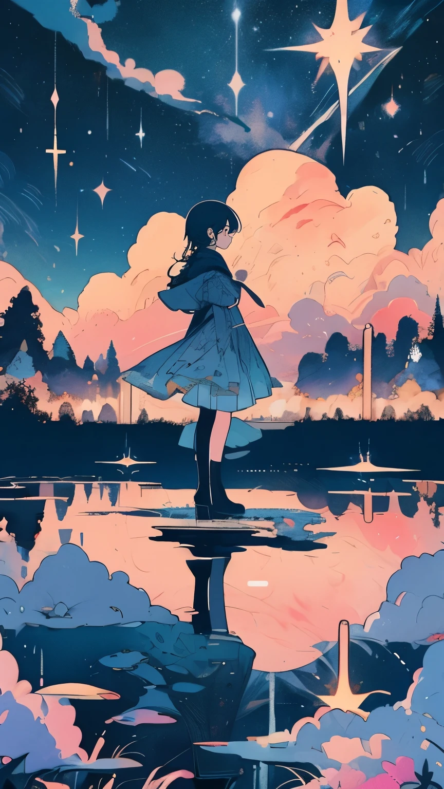 1 girl, Eye, close up, Beautiful night sky, Meteor Shower, Beyond the clouds, Surrounded by water, Reflection, Wide Angle, Stunning clouds, Wide Angle, author：Shinkai Makoto, thomas kinkade, James Girard, author：holosomnialandscape, HDR, Volumetric Light, Ray Tracing, complex, High Detail, Very detailed, both sides, 4k vertical screen wallpaper,, Colorful, Light, anime illustration anime nature wallpaper