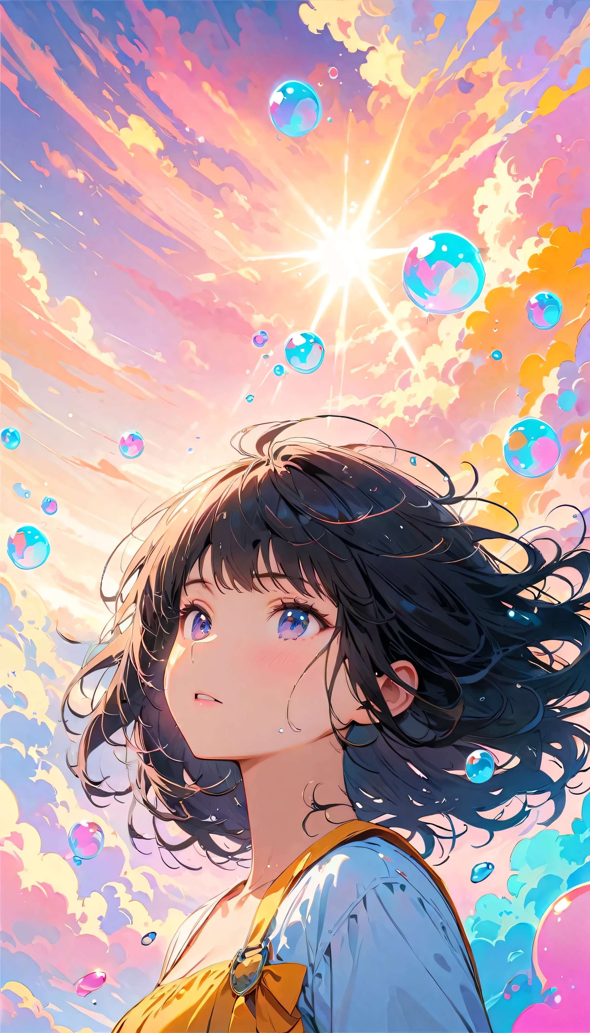 Best Quality, Super Fine, 8k, Incredibly strange, Very detailed, 2.5D, Beautiful Goddess, Soap bubbles, Pastel colored clouds, Sunshine, Pop Art, Delicate and dynamic, Pastel Color Fantasy, Black Hair, Official Art