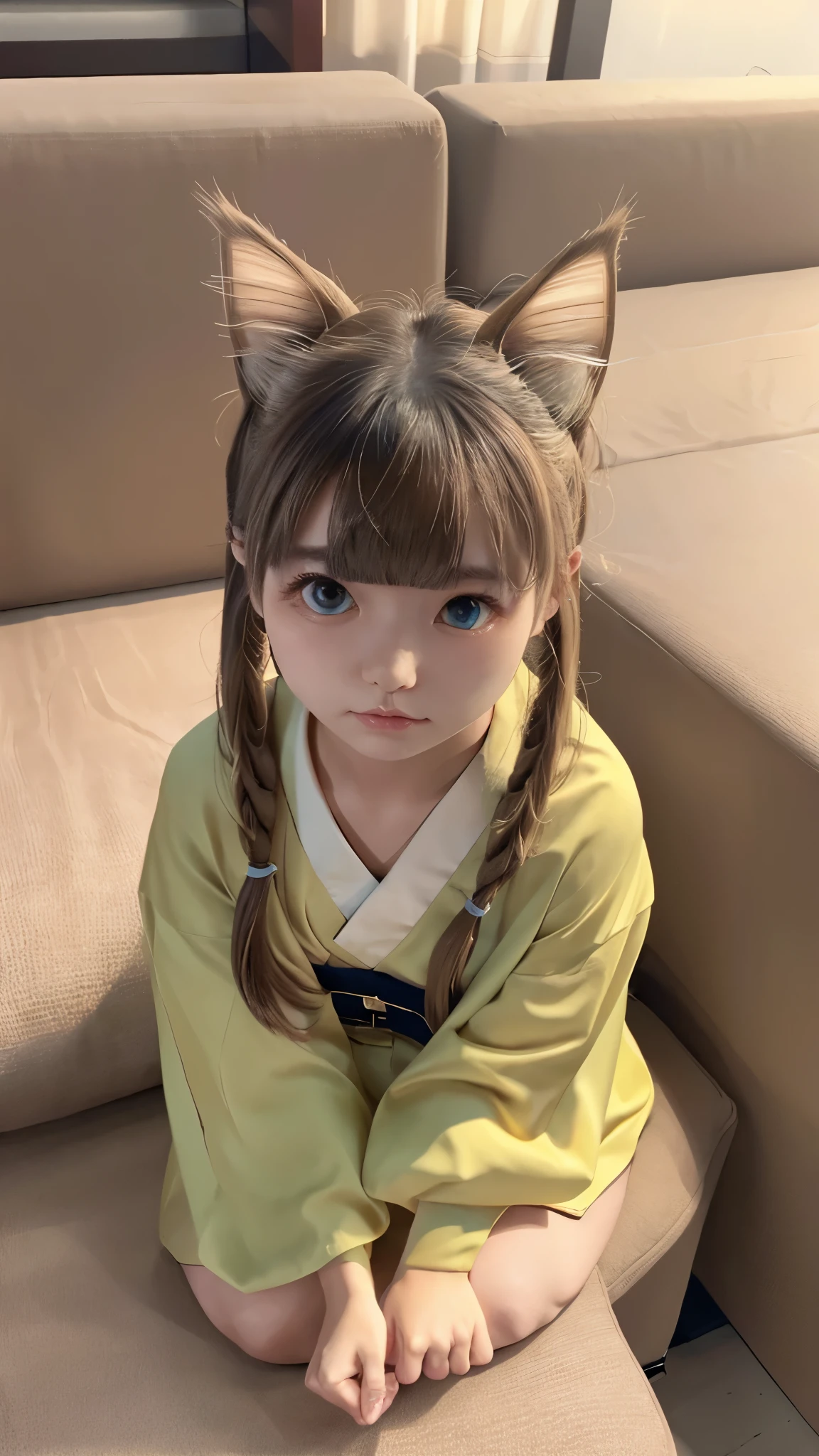 ((Best Quality、8k))、Cat girl、Anatomically correct、Very detailed、High resolution、Realistic、Beautiful Eyes、A well-defined nose、Intricate details、kimono、Twin tails、Cat ears、sit on a cushion、Lucky cat pose