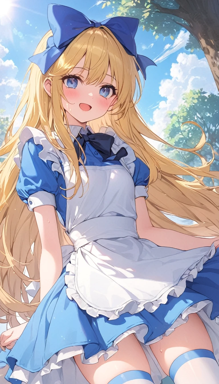 1girl, alice, solo, blue eyes, blonde hair, blue hairbow, long hair, puffy short sleeves, white apron, blue dress, white thighhighs, small breasts, sweat, blush, open mouth, smile, standing, from front, looking ahead, (gleaming skin), extremely detailed outdoor background, 1, 