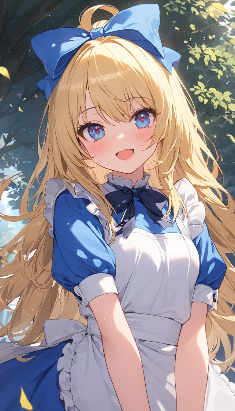 1girl, alice, solo, blue eyes, blonde hair, blue hairbow, long hair, puffy short sleeves, white apron, blue dress, white thighhighs, small breasts, sweat, blush, open mouth, smile, standing, from front, looking ahead, (gleaming skin), extremely detailed outdoor background, 1, 