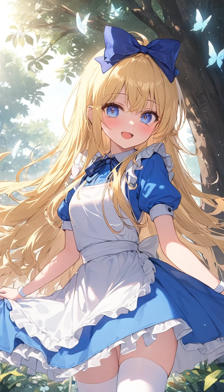 1girl, alice, solo, blue eyes, blonde hair, blue hairbow, long hair, puffy short sleeves, white apron, blue dress, white thighhighs, small breasts, sweat, blush, open mouth, smile, standing, from front, looking ahead, (gleaming skin), extremely detailed outdoor background, 1, 