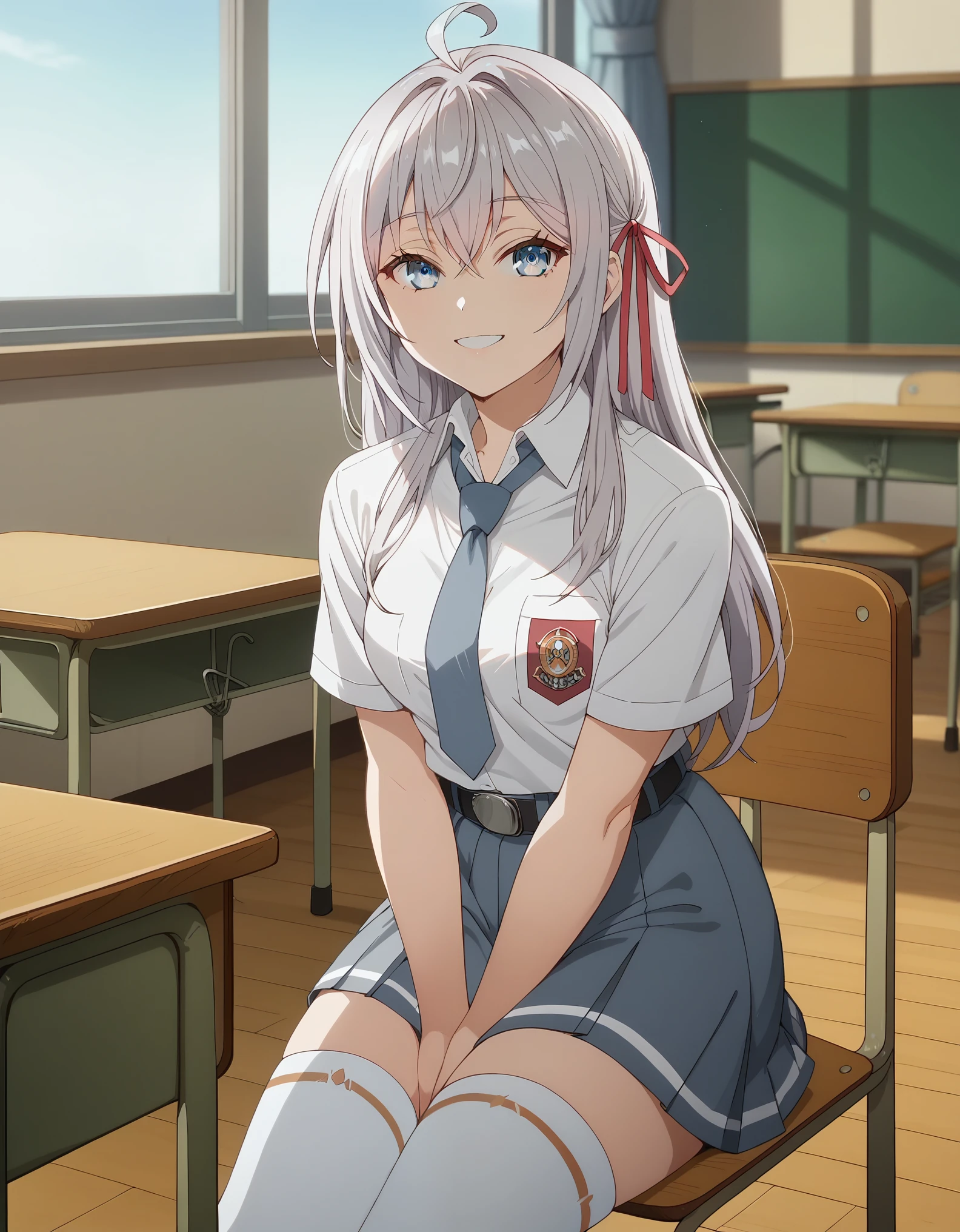 score_9, score_8_up, score_7_up, solo,1girl,alya, long hair, silver hair, ahoge, crossed bangs, hair ribbon, sidelocks, blue eyes, medium breasts, tucked in sma shirt, sma necktie, sma belt, sma skirt, sma shirt, sma skirt, inside classroom, windows, chair, tables thighs, looking at viewer, smile, sunligth, sit on chair, socks, hands between thighs, anime screencrap, dutch shot,