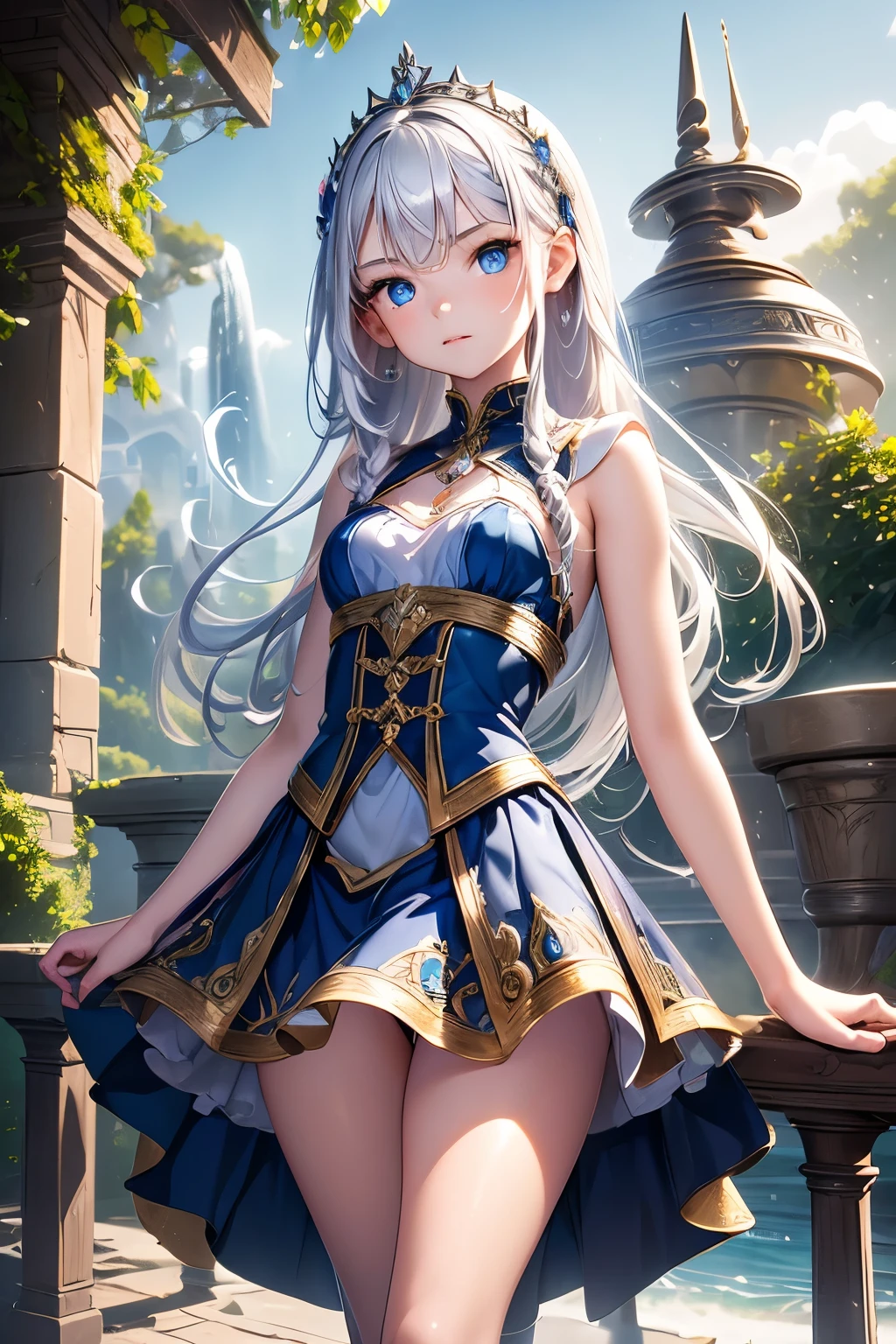 Girl with long grey hair,blue eyes,tall, small breast, small waist, small thighs, 