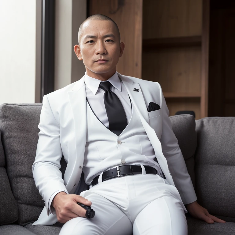 (absurd , high quality , masterpiece , Super detailed), ( Details at hand ) , male focus, Viewer's expression, Esbian full body, black suit,pants,slacks,sitting on the sofa, white_hair