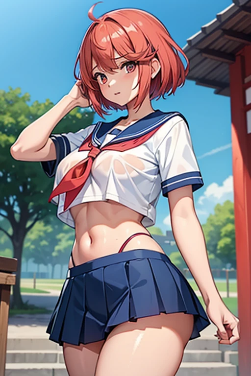 Pyra from xenoblade, underboob, wet thong,  (japanese_sailor_school_uniform | short_uniform | ultrashort blue_miniskirt, ultrashort_white_shirt | blue_collar | pink_cloth | underboob, visible shiny_thong), (red_hair, straight cut), midriff, cameltoe, underboob, school yard, beautiful, school, female, high resolution, beautiful, 8k