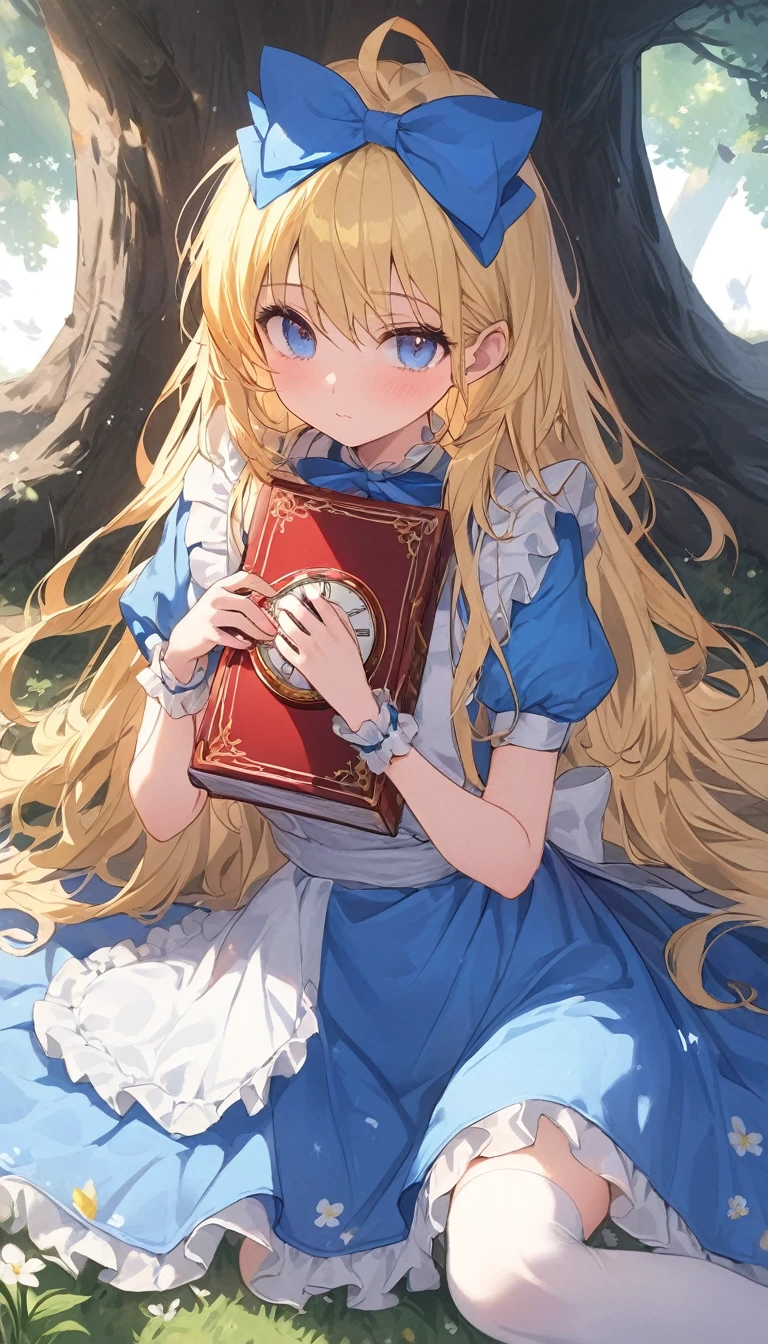 1girl, alice, solo, blue eyes, blonde hair, blue hairbow, long hair, puffy short sleeves, white apron, blue dress, white thighhighs, small breasts, sweat, (gleaming skin), extremely detailed outdoor background, A beautiful face, one beautiful girl, napping comfortably in the shade of a tree, Alice in Wonderland, Alice is sleeping leaning against a big tree, a beautiful field, a river is flowing, there are about five old books around Alice, one of them is open, playing cards are around Alice About 10 playing cards have fallen in places, hearts and diamonds are red, spades and clovers are black, one pocket watch has fallen near Alice's sleeping face, the pocket watch is pretty and looks very expensive, gentle breeze, white flowers, peace, a scene from a story,