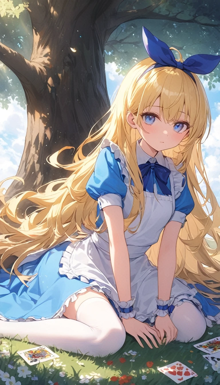 1girl, alice, solo, blue eyes, blonde hair, blue hairbow, long hair, puffy short sleeves, white apron, blue dress, white thighhighs, small breasts, sweat, (gleaming skin), extremely detailed outdoor background, A beautiful face, one beautiful girl, napping comfortably in the shade of a tree, Alice in Wonderland, Alice is sleeping leaning against a big tree, a beautiful field, a river is flowing, there are about five old books around Alice, one of them is open, playing cards are around Alice About 10 playing cards have fallen in places, hearts and diamonds are red, spades and clovers are black, one pocket watch has fallen near Alice's sleeping face, the pocket watch is pretty and looks very expensive, gentle breeze, white flowers, peace, a scene from a story,