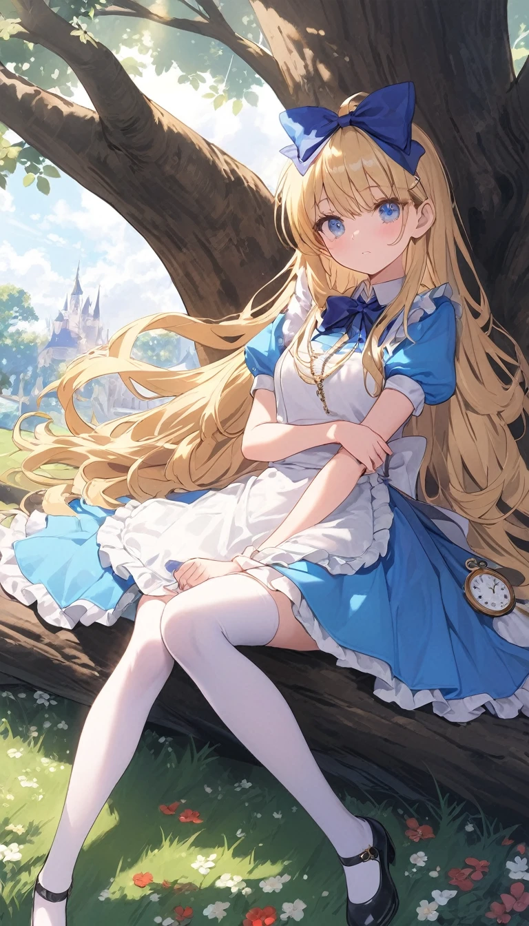 1girl, alice, solo, blue eyes, blonde hair, blue hairbow, long hair, puffy short sleeves, white apron, blue dress, white thighhighs, small breasts, sweat, (gleaming skin), extremely detailed outdoor background, A beautiful face, one beautiful girl, napping comfortably in the shade of a tree, Alice in Wonderland, Alice is sleeping leaning against a big tree, a beautiful field, a river is flowing, there are about five old books around Alice, one of them is open, playing cards are around Alice About 10 playing cards have fallen in places, hearts and diamonds are red, spades and clovers are black, one pocket watch has fallen near Alice's sleeping face, the pocket watch is pretty and looks very expensive, gentle breeze, white flowers, peace, a scene from a story,