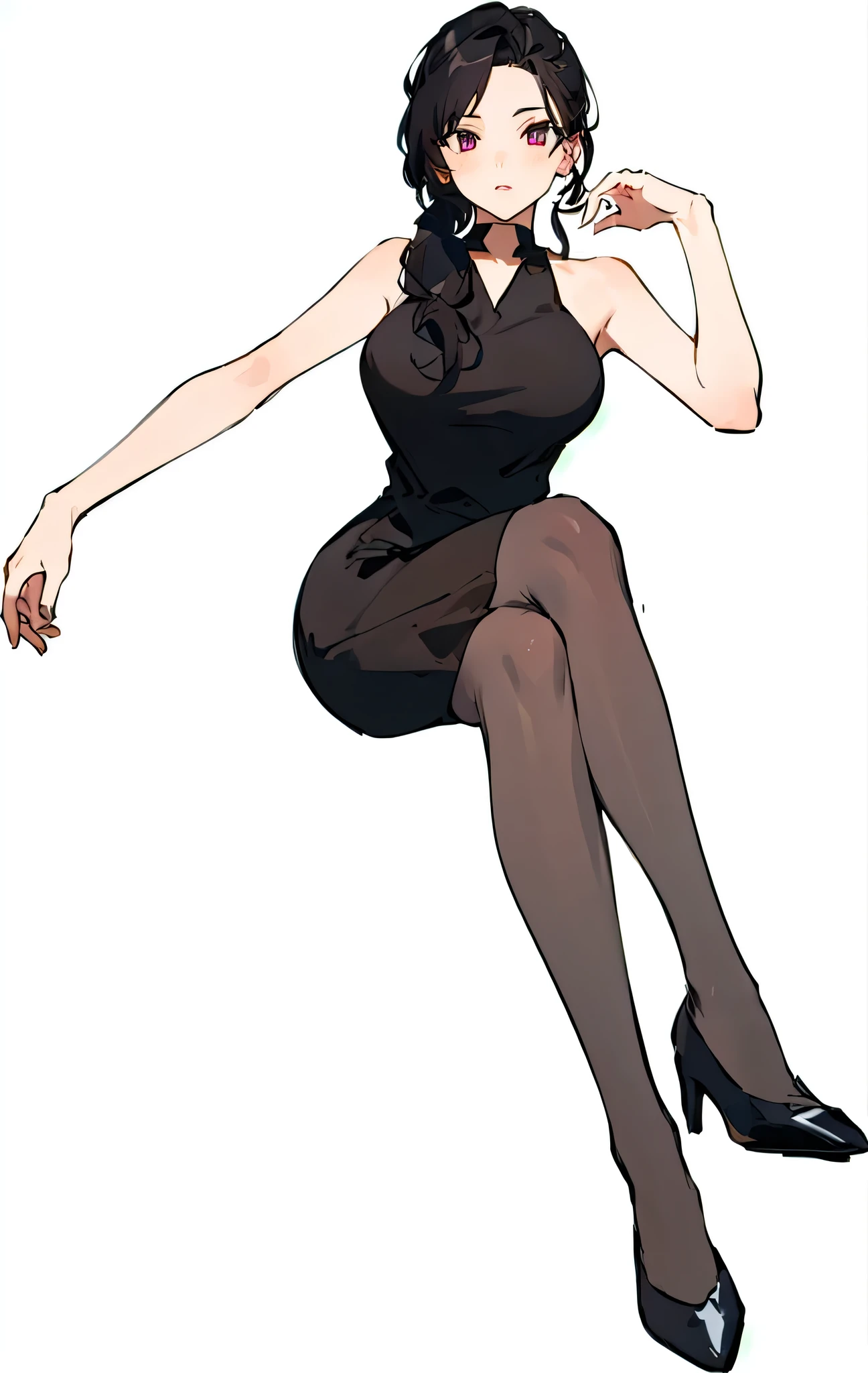 score_9, score_8_up, score_7_up, score_6_up, detailed pixel art of a woman, brown, smooth skin, black eyes, long dark brown hair, full lips, slender physique, black skater dress, black heels