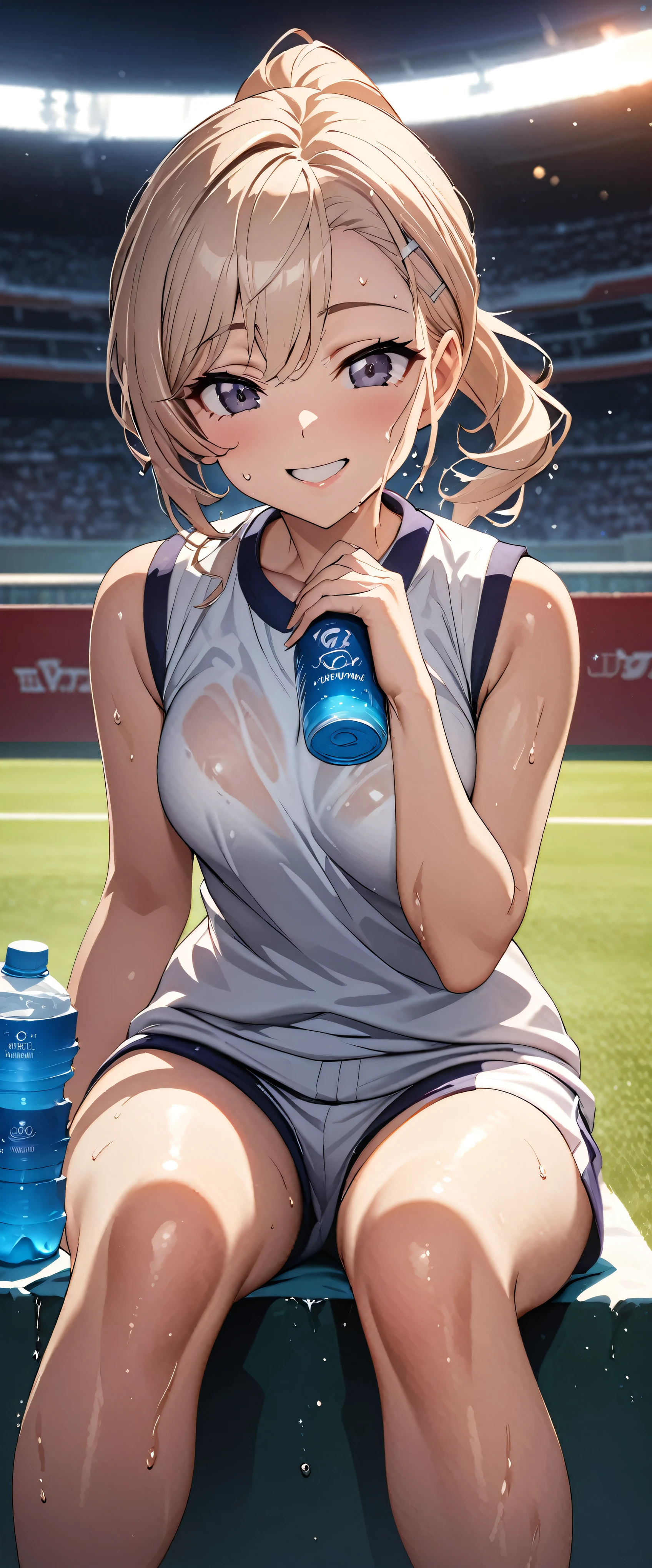 (((masterpiece)))、((Best Quality))、(Ultra-detailed)、(CG illustration)、(Very beautiful woman))、Cinematic Light、((1 Female))、 、(Beautiful and luxurious:1.2)、(One Woman:1.3)Sports Stadium,,((Japanese white sleeveless gym clothes),Wet with sweat,Beautiful ponytail,(Drink a sports drink),smile,