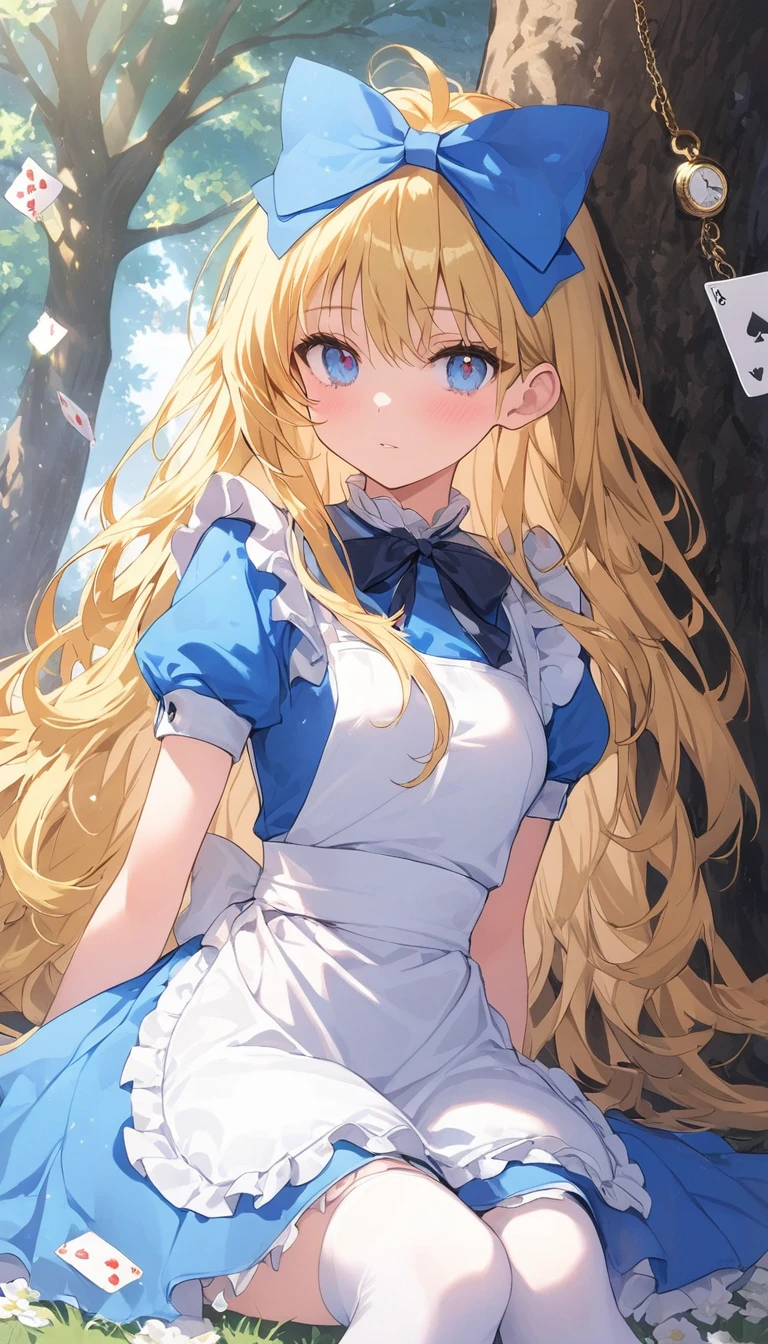 1girl, alice, solo, blue eyes, blonde hair, blue hairbow, long hair, puffy short sleeves, white apron, blue dress, white thighhighs, small breasts, sweat, (gleaming skin), extremely detailed outdoor background, A beautiful face, one beautiful girl, napping comfortably in the shade of a tree, Alice in Wonderland, Alice is sleeping leaning against a big tree, a beautiful field, a river is flowing, there are about five old books around Alice, one of them is open, playing cards are around Alice About 10 playing cards have fallen in places, hearts and diamonds are red, spades and clovers are black, one pocket watch has fallen near Alice's sleeping face, the pocket watch is pretty and looks very expensive, gentle breeze, white flowers, peace, a scene from a story,