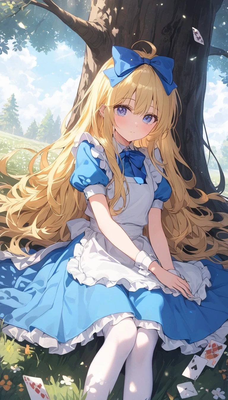 1girl, alice, solo, blue eyes, blonde hair, blue hairbow, long hair, puffy short sleeves, white apron, blue dress, white thighhighs, small breasts, sweat, (gleaming skin), extremely detailed outdoor background, A beautiful face, one beautiful girl, napping comfortably in the shade of a tree, Alice in Wonderland, Alice is sleeping leaning against a big tree, a beautiful field, a river is flowing, there are about five old books around Alice, one of them is open, playing cards are around Alice About 10 playing cards have fallen in places, hearts and diamonds are red, spades and clovers are black, one pocket watch has fallen near Alice's sleeping face, the pocket watch is pretty and looks very expensive, gentle breeze, white flowers, peace, a scene from a story,